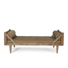 a wooden bench with two rolled up pillows on it's back and legs, against a white background