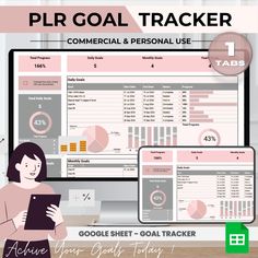 a woman holding a tablet next to a monitor with the text plr goal tracker on it