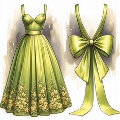 the dress is green with flowers on it and has a large bow at the waist