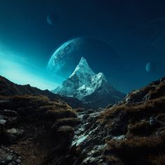 an artist's rendering of a mountain in the distance with a planet in the background