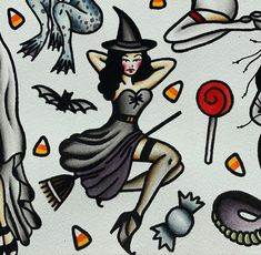 a drawing of a woman dressed as a witch with lots of halloween decorations around her