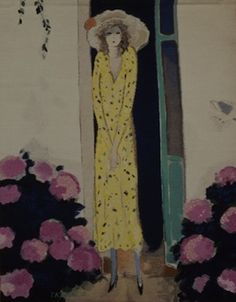 a painting of a woman wearing a yellow dress and hat standing in front of flowers