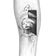 a black and white photo of a woman's leg with an abstract design on it