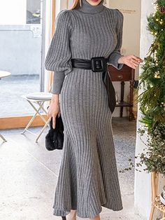 High Neck Sweater Dress, Winter Sweater Dresses, Long Fitted Dresses, Lantern Sleeve Dress, Elegante Casual, Sweater Dress Women, Turtle Neck Dress, Types Of Dresses, Winter Fashion Outfits