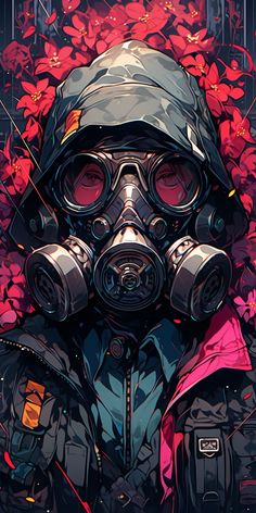 a man wearing a gas mask and goggles in front of red flowers on a black background