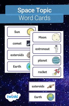 space topic word cards with planets and stars in the background