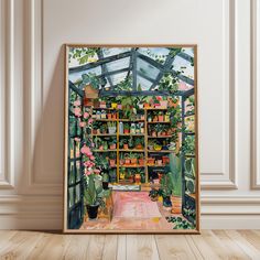 a painting of a greenhouse filled with potted plants and flowers in front of a white wall