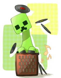 a green cartoon character sitting on top of a wooden box with music notes flying around