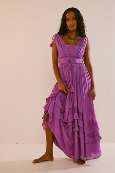 Femme beachy maxi from our free-est collection featuring a dramatic tiered skirt, crochet lace insets and a drawstring waist. * Tassel drawstring * Semi-sheer accents * Flowy fit | Santa Maria Maxi Dress by free-est at Free People in Purple, Size: M Ruffle Long Dress, Skirt Crochet, Lace Dress Casual, Long Dresses Elegant, Radiant Orchid, Spring Summer Dress, Style Maxi Dress, Women Long Dresses, Silk Velvet