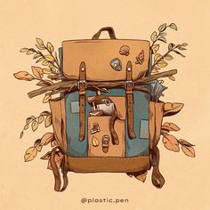 a drawing of a backpack with leaves on the bottom and an animal sticking out of it