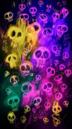 a bunch of neon colored skulls are in the middle of a black and purple background