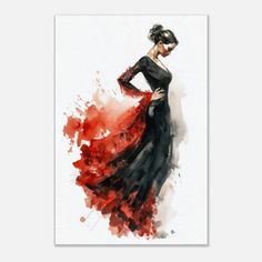 a watercolor painting of a woman in a black and red dress with her hands on her hips