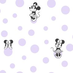 mickey and minnie mouse wallpaper with polka dots on the walls in purple, black and white