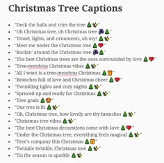 the christmas tree caption is shown in green and red, as well as other words