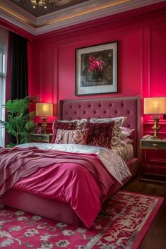 a bedroom with red walls and pink bedding in the center, along with two lamps on either side of the bed