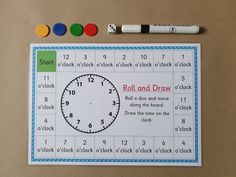 a roll and draw activity for kids to learn how to tell the time on a clock