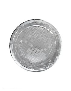 a round glass plate with silver squares on the rim and sides, set against a white background