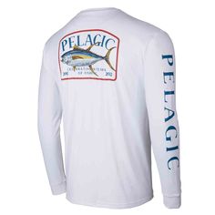 a white long - sleeved shirt with the words pelagic on it