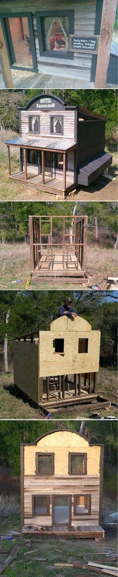 several different types of chicken coops are shown