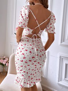 White Boho Collar Short Sleeve Fabric Ditsy Floral Bodycon Embellished Medium Stretch  Women Clothing Summer Clothes From Shein, Red And White Dress Outfit, Cute Short Summer Dresses, Sun Dress Outfit, Cute Bodycon Dresses, Stretch Fabric Dress, Ruffle Summer Dress, Cross Back Dress, Ruffle Bodycon