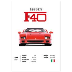 the ferrari f40 poster is shown in red