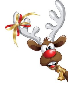 a reindeer with a red nose and gold ribbon on its antlers is flying through the air