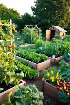 a garden filled with lots of different types of vegetables and plants in wooden boxes next to each other