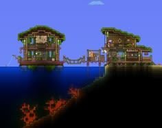 an old - school video game is shown in the middle of water with two houses on stilts