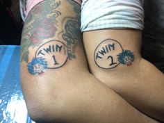 two people with matching tattoos on their legs, one has the same name and number