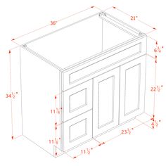 the measurements for a cabinet with doors and drawers