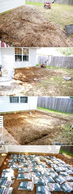 before and after pictures of a yard with lawnmowers laid out on the ground