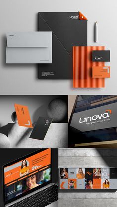 several different types of business cards and envelopes with orange accents on the front, side, and back