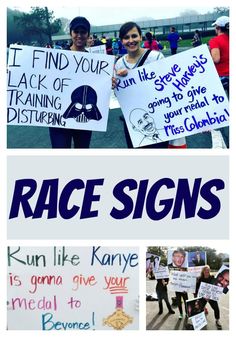 some people holding up signs and standing in the street with words written on them that read race signs