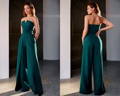 Jumpsuit Ideas, Emerald Green Jumpsuit, Wedding Jumpsuits, Women Jumpsuit, Wedding Jumpsuit, Strapless Corset, Wedding Bridesmaid, Pantalon Large, Wide Pants