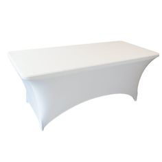 a white table cloth is on top of a long rectangular table with an extended edge