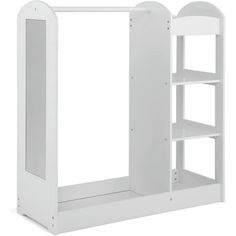 a white bookcase with shelves on each side and an open door at the top