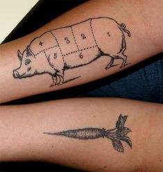 two people with tattoos on their arms, one has a knife and the other has a pig