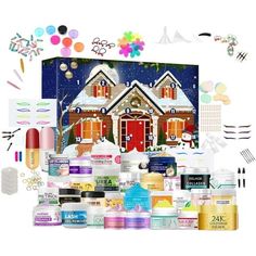 an assortment of beauty products are displayed in front of a white background with snowflakes