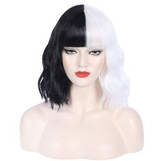 PRICES MAY VARY. Color:Black and White,Weight: around 180g/set,please allow 10g in error. Length: around 35cm/14",please allow 5cm/2" in error. Cap Size：About 22.5 Inches with Adjustable Straps, 2 adjustable straps could help you adjust the wig cap size less or more for about 1-1.5 inches. Heat safe: heat resistant up to 150c/302f,please make sure the heat setting below 150c. Warm Reminder:Wig is personal for every buyers,please allow a little difference in color and length.for any question,plea Split Dye Wig, White Wig With Bangs, Curly Wavy Bob, Dye Wig, Short Curly Bob Wig, Black Wig With Bangs, Black And White Clothing, Black And White Wig, Colors Of Hair