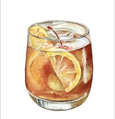 a painting of a glass filled with liquid and sliced lemons