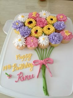 a birthday cake decorated with flowers on a tray