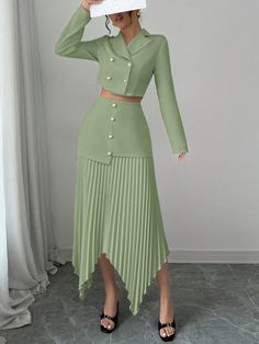 Elegant Women's 2 Piece Set:Tailored Collar Cinched Waist Buttoned Jacket & Asymmetrical Hem Pleated Skirt Mint Green Elegant  Long Sleeve Fabric Plain  Non-Stretch  Women Clothing, size features are:Bust: ,Length: ,Sleeve Length: Button Skirt, Solid Color Pants, Eyewear Design, Jacket Buttons, Asymmetrical Hem, Cinched Waist, Asymmetric Hem, Elegant Woman, Eos