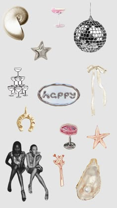 an assortment of different items are shown in this graphic art work, with the words happy written on them