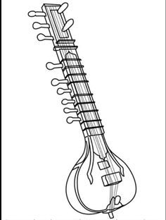 a drawing of an instrument with strings attached to the neck and bottom part, in black and white