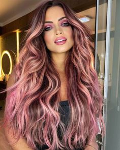 Brown Hair with Peach and Pink Highlights Brown Hair With Pink Highlights, Brown And Pink Hair, Cotton Candy Pink Hair, Pink Haircut, Pink Hair Streaks, Pink And Orange Hair, Dark Pink Hair, Rose Pink Hair, Bright Pink Hair