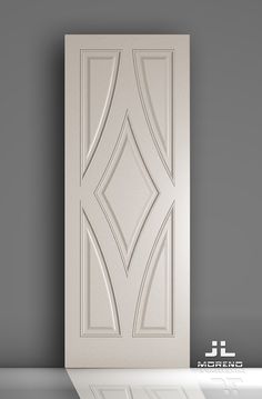 a white door with an intricate design on the front and side panel, against a gray background