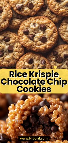 rice krispie chocolate chip cookies stacked on top of each other with the title above it