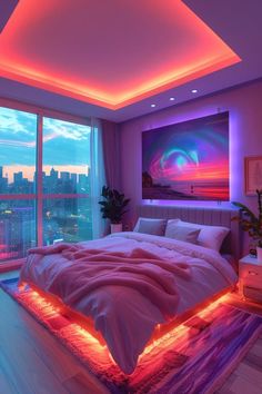 a bedroom with a large bed and colorful lights on the ceiling, along with windows