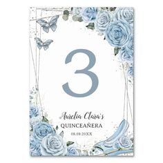 the blue roses and butterflies table number card