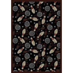 an area rug with bowling balls and pins on it, in black background that has stars